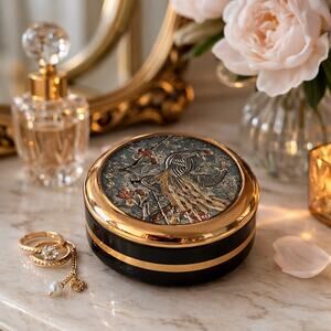 Vintage Peacock trinket Box – Gold Trim– Hollywood Regency Vanity Decor